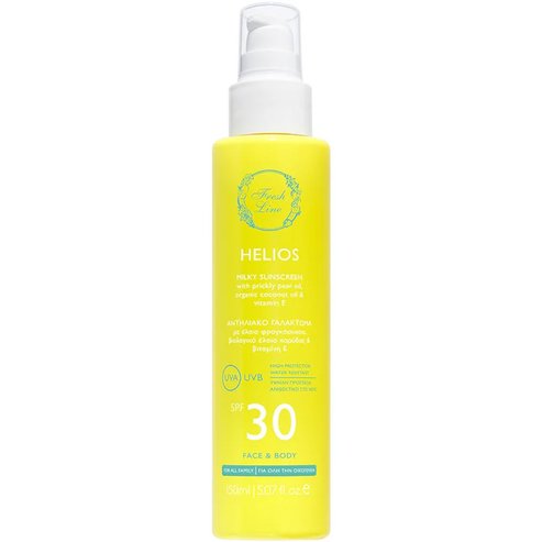 Fresh Line Helios Face & Body Spf30 Milky Sunscreen Spray Слънцезащитна емулсия под формата на спрей с висока защита за лице и тяло с масло от опунция, кокос и витамин Е 150ml