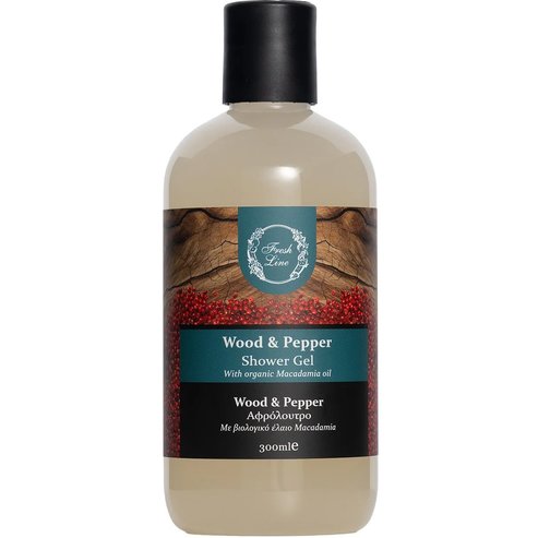 Fresh Line Wood & Pepper Shower Gel Изискан и земен душ гел с натурален състав с дървесни и пикантни нотки и био масло от макадамия 300ml