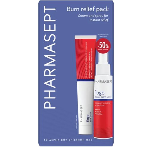 Pharmasept Promo Flogo Calm Cream 50ml & Instant Calm Spray Специализиран крем за незабавно успокояване при изгаряния & спрей за лице & тяло за облекчаване на раздразнения & изгаряния 100ml