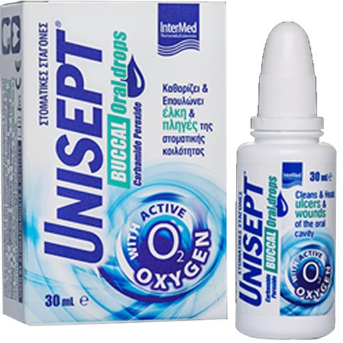 Intermed Unisept Buccal Oral Drops Орални Капки за Уста за Почистване, Заздравяване & Облекчаване на Язви & Рани 30ml