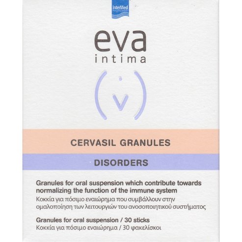 Eva Intima Cervasil Granules Disorders Хранителна добавка с витамини B2, B9 и екстракт от гъби Шитаке с имуномодулиращо действие за жени и мъже с вкус на кайсия и грейпфрут 30 Sachets