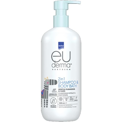 Intermed Eu Derma Babyderm Gentle Cleansing & Care 2 in 1 Shampoo & Body Bath 500ml,Нежен 2 в 1 шампоан & душ гел, подходящ за ежедневното почистване на бебета & деца от 0 години