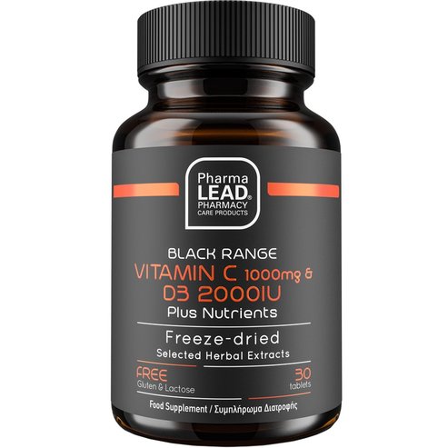 Pharmalead Black Range Vitamin C 1000mg & Vitamin D3 2000IU Хранителна добавка с витамин C, D3 и билков екстракт за укрепване на имунната система, намаляване на умората и антиоксидантно действие 30tabs