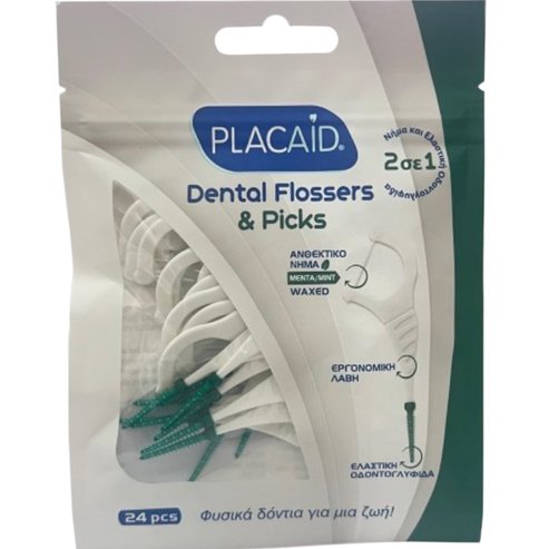 Plac Aid Waxed Mint Dental Flossers & Picks - 24 Τεμάχια