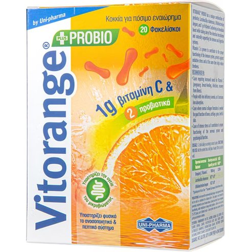 Uni-Pharma Vitorange Probio Plus Хранителна добавка с пробиотици & витамин C за незабавно укрепване на чревния микробиом & подкрепа на имунната система 20 Sachets