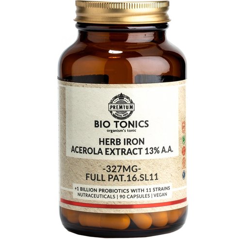 Bio Tonics Herb Iron Plus Acerola Extract Хранителна Добавка с Желязо от Растителен Произход & Екстракт от Ацерола, Богат на Витамин C с Добавена Смес от Пробиотици за По-Добро Усвояване за Справяне с Анемията & Умората 90caps