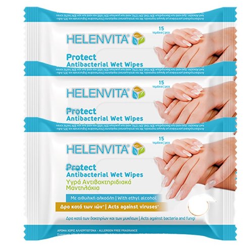 Helenvita Πακέτο Προσφοράς Protect Antibacterial Wet Wipes 3x15wipes 2+1 Δώρο