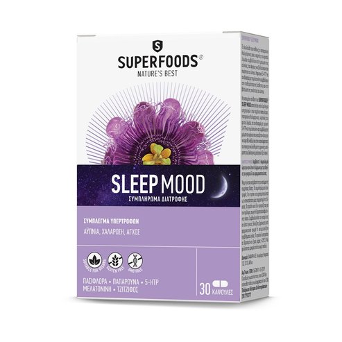 Superfoods Sleep Mood Хранителна добавка с мелатонин, допринасяща за намаляване на безсънието и тревожността 30caps