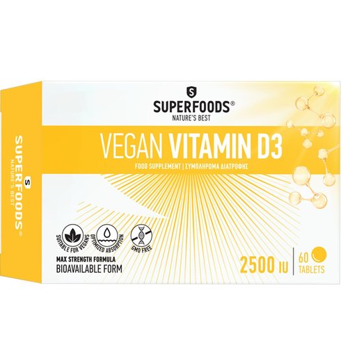 Superfoods Vegan Vitamin D3 2500 IU Хранителна добавка с витамин D3, подходяща за вегани & за поддържане на нормалната функция на имунната система, костите & мускулите 60tabs