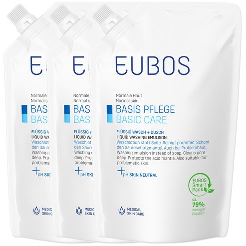 Eubos PROMO PACK Basic Care Blue Liquid Washing Emulsion Refill pH Skin Neutral 3x400ml