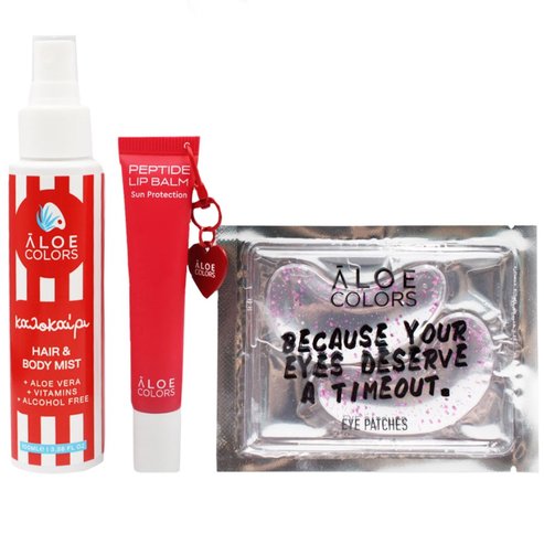 Aloe Colors Promo Strawberry Hair & Body Mist 100ml & Peptide With Sun Protection Lip Balm 15ml & Eye Patches 1 брой & Подарък Summer Mesh Bag & Подарък несесер 1 брой