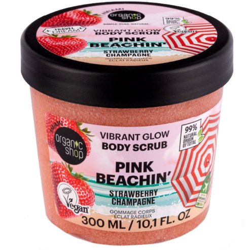 Organic Shop Vibrant Glow Pink Beachin\' Fizzy Strawberry скраб за тяло с хидратиращ и ексфолиращ ефект с аромат на ягода за естествен блясък и свежест 300 ml