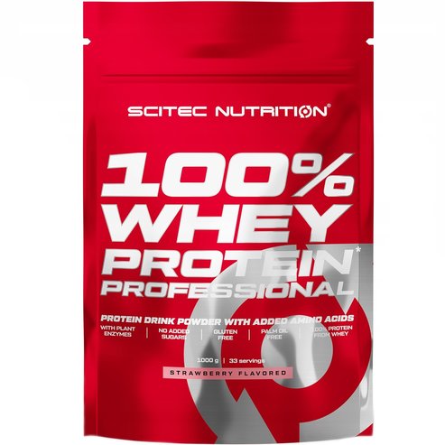 Scitec Nutrition 100% Whey Protein Professional Хранителна добавка с чист суроватъчен протеин, обогатен с аминокиселини 1000g - Strawberry