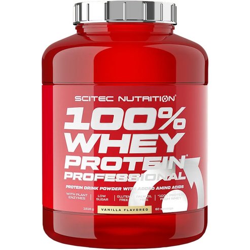 Scitec Nutrition 100% Whey Protein Professional Хранителна добавка с чист суроватъчен протеин, обогатен с аминокиселини за растеж на мускулите с вкус на ванилия 1816g - Vanilla