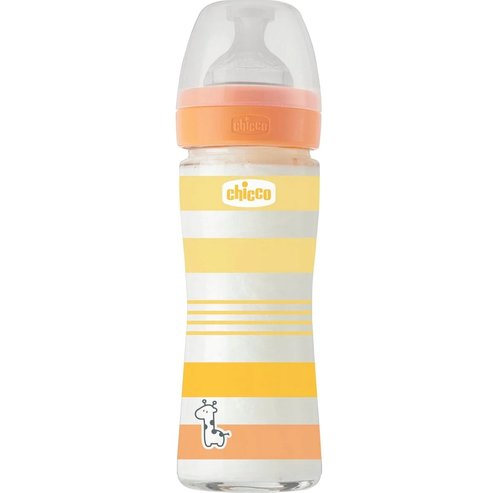 Chicco Well-Being Unisex Стъклена бебешка бутилка със зърно с бавен поток 0m+ оранжево - жълто 240ml