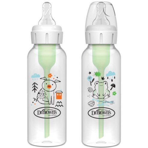 Dr. Brown’s Promo Anti-colic Options+ Spit-up, Burping & Gas 0m+ Код SB82040 пластмасово бебешко шише, специално проектирано да намалява коликите & рефлукса, причинени от храненето при бебета 500ml (2x250ml) - Pig/Frog