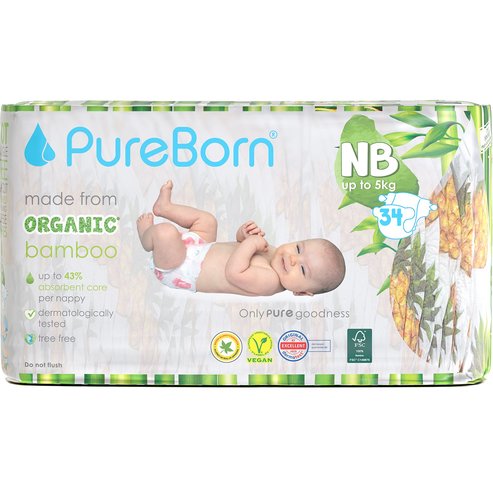 PureBorn Organic Bamboo Unisex Nappies New Born (up to 5 kg) 34 бр - Pineapple