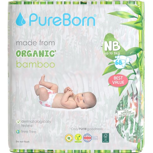 PureBorn Organic Bamboo Unisex Nappies New Born (up to 5 kg) 68 бр - Tropic