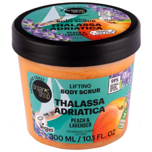 Organic Shop Lifting Thalassa Adriatica Peach & Lavender Хидратиращ ексфолиант за тяло с аромат на праскова и лавандула за релаксация и ревитализация 300 ml