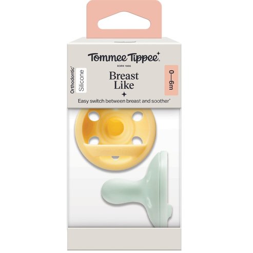 Tommee Tippee Breast Like Orthodontic Silicone Soother 0-6m+, 2 бр - Жълто / Тюркоаз