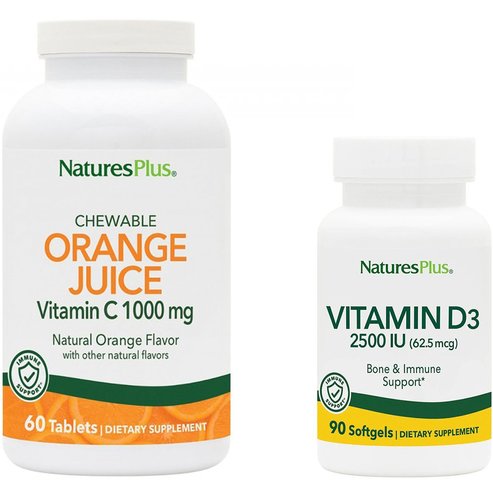 Natures Plus Подарък Vitamin D-3 2500iu 90 Меки гелове или дъвчащи таблетки Orange Juice Vitamin C 1000mg 60tabs в произволен избор