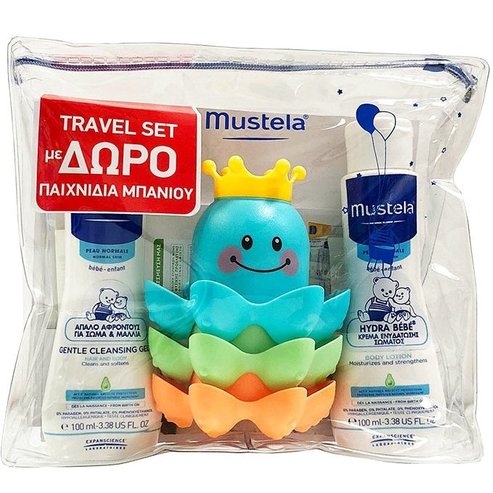 Mustela PROMO PACK Travel Kit Gentle Cleansing Gel 100ml & Hydra Bebe Body Lotion 100ml & Играчки за баня