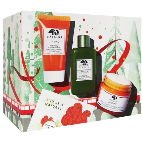 Origins PROMO PACK Glow & Believe GinZing 50ml, Mega Mushroom 50ml & Scrub Cleanser 30ml