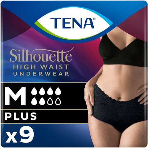 Tena Silhouette Plus Black Underwear Бельо с висока талия за умерена до тежка инконтиненция в черно, 9 бр - Medium
