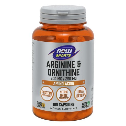 Now Foods Arginine & Ornithine 500mg / 250mg Хранителна добавка, която комбинира две аминокиселини, за производство на 100caps