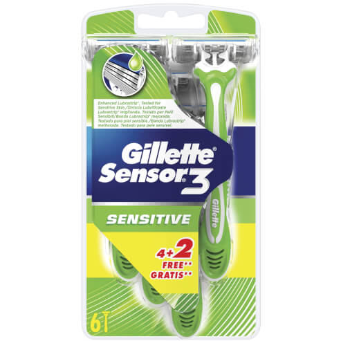 Gillette Sensor 3 Sensitive Бръсначи с 3 независими остриета за дълбоко и удобно бръснене 6 броя (4 + 2 подаръка)