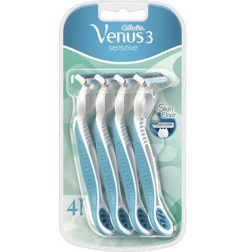 Gillette Venus 3 Sensitive Дамски самобръсначки за еднократна употреба с 3 остриета, които прегръщат вашите извивки, 4 броя