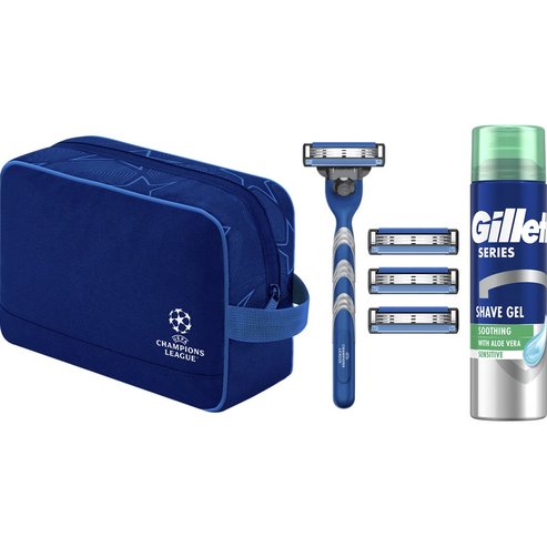 Gillette Promo Champions League Mach 3, 1 дръжка & 4 пълнителя & Series Sensitive гел за бръснене 200 мл & несесер 1 брой