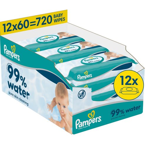 Pampers 99% Water Baby Wipes Бебешки кърпички с 99% вода и мек лосион за ефективно почистване и защита на чувствителна кожа с капак 720 броя (12x60 броя)