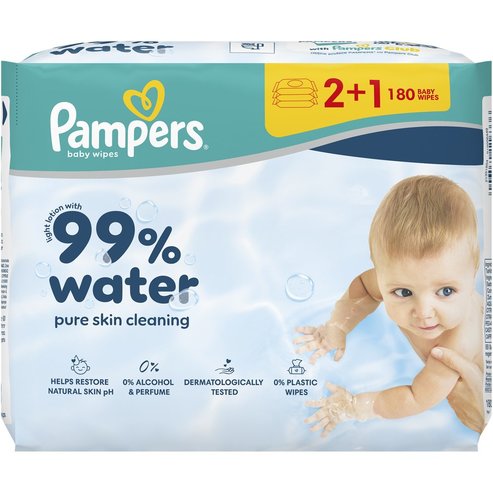 Pampers 99% Water Baby Wipes Бебешки кърпички с 99% вода и мек лосион за ефективно почистване и защита на чувствителна кожа с капак 180 броя (3x60 броя)