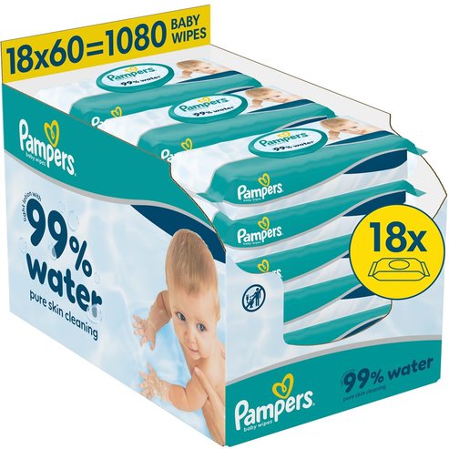 Pampers 99% Water Baby Wipes Бебешки кърпички с 99% вода и мек лосион за ефективно почистване и защита на чувствителна кожа с капак 1080 броя (18x60 броя)