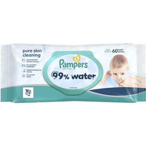 Pampers 99% Water Baby Wipes Бебешки кърпички с 99% вода и мек лосион за ефективно почистване и защита на чувствителна кожа с капак 60 броя