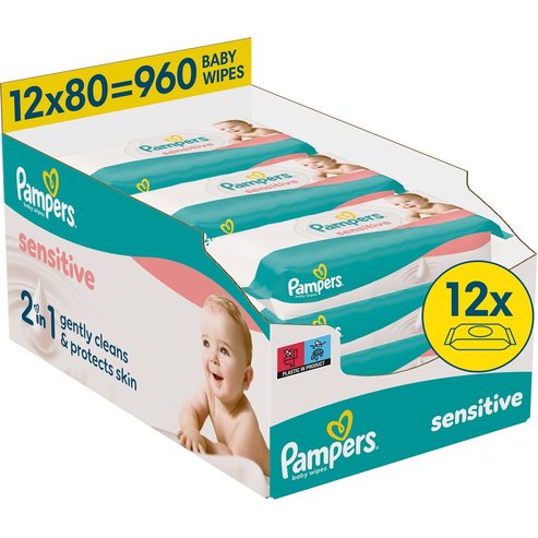 Pampers Sensitive Baby Wipes Нежни бебешки кърпички, които почистват и защитават чувствителната бебешка кожа 960 броя (12x80 броя)
