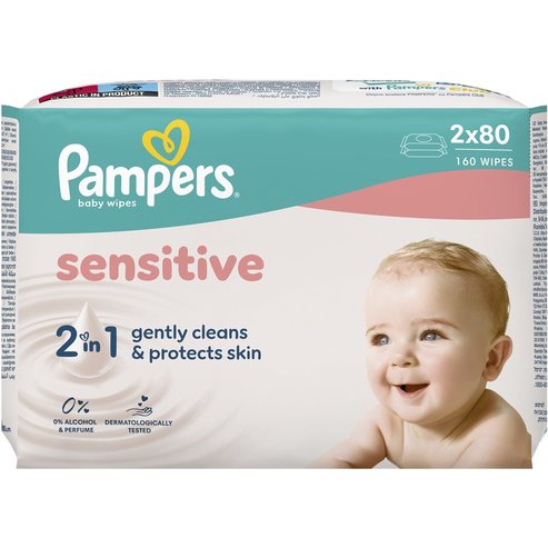 Pampers Sensitive Baby Wipes Нежни бебешки кърпички, които почистват и защитават чувствителната бебешка кожа 160 броя (2x80 броя)