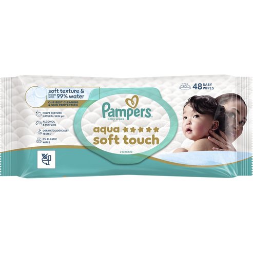 Pampers Aqua Soft Touch Baby Wipes Меки бебешки кърпички с релефна текстура за ефективно почистване и защита на чувствителна кожа с капак 48 броя