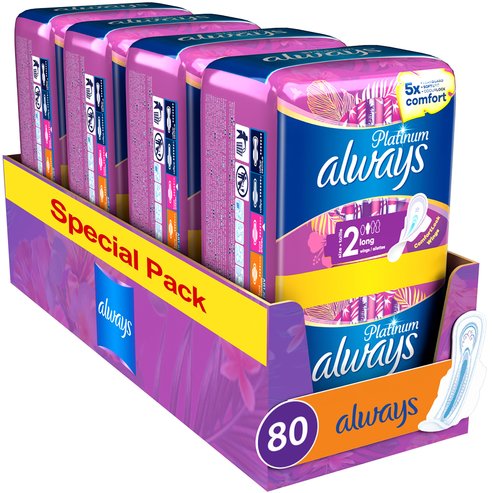 Always Promo Multi-Pack Platinum Sanitary Towels with Comfort Lock Wings Size 2, 80 бр
