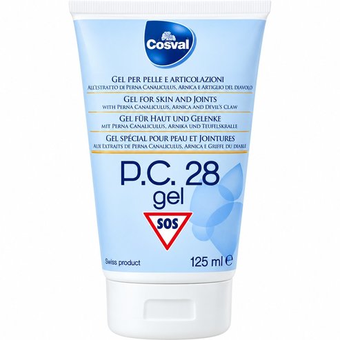 Cosval P.C. 28 Gel Успокояващ масажен гел за тяло с екстракт от арника, бреза, Perna Canaliculus, дяволски нокът & етерични масла от лимон, червена мащерка, лавандула & горчив портокал, който помага за облекчаване на ставно-мускулни болки 125ml