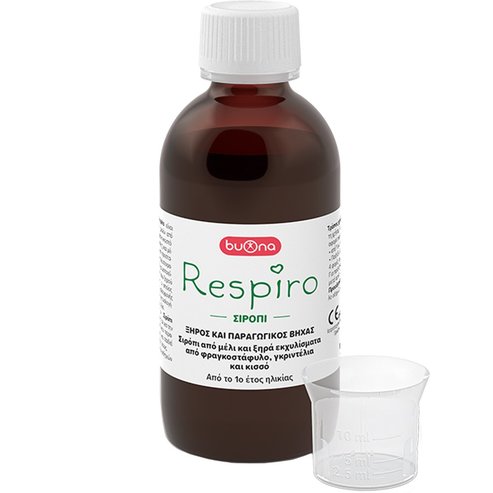 Buona Respiro Syrup Сироп с мед и екстракти от касис, гринделия и бръшлян за облекчаване на суха и влажна кашлица, за деца над 1 година, с приятен вкус 140ml