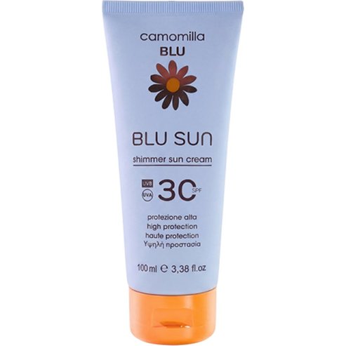 Camomilla Blu Glow Effect Spf30 Shimmer Sun Cream Слънцезащитен крем за тяло с висока защита със златист Shimmer, който естествено подчертава тена & придава незабавен блясък 100ml