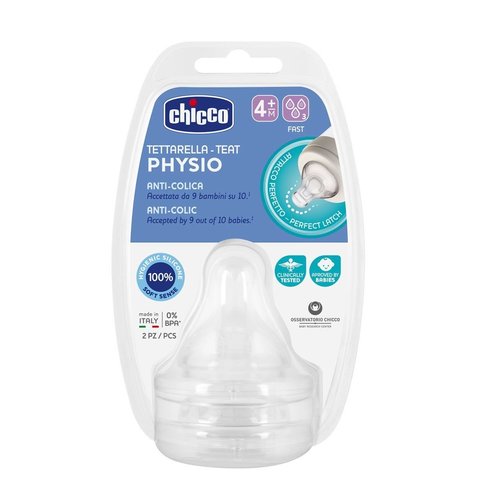 Chicco Physio Teat Anti-Colic Силиконово зърно с висок поток 4м +, 2 броя