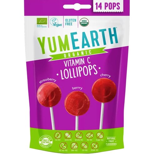 YumEarth Organic Vitamin C Strawberry, Berry & Cherry Lollipops 14 бр