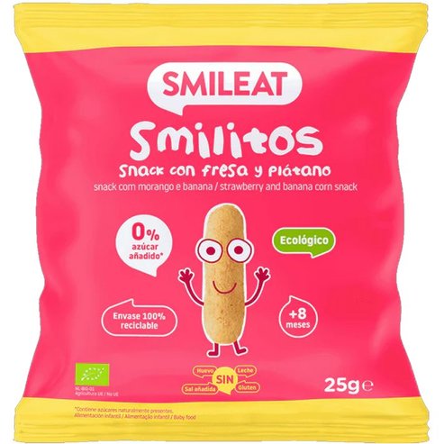 Smileat Organic Smilitos Strawberry & Banana Corn Snack 8m+ Био бебешки царевичен снакс с вкус на ягода & банан без глутен от 8-ия месец 25g