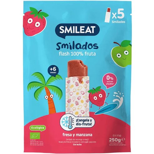 Smileat Organic Smilado Strawberry & Apple 6m+ Бебешки плодови ледени десерти от 100% био плодово пюре, ягода и ябълка, без глутен от 6-ия месец 250g (5 x 50g)