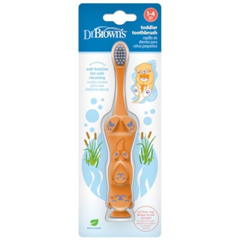 Dr Brown\'s Toddler 1-4 Years Toothbrush Детска четка за зъби с меки влакна за чувствителни венци & основа с вендуза за съхранение 1 брой - Оранжева видра