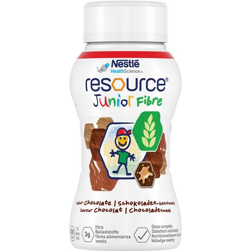 Nestle Resource Junior Fibre Питейна хранителна формула с висока калорийна стойност с хранителни фибри, витамини & минерали за диетично управление на пациенти над 1 година с недохранване с вкус шоколад 200ml - Chocolate
