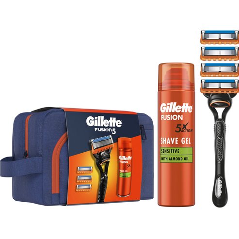 Gillette Promo Fusion 5 Razor 1 бр & Replacement Razor 4 бр & Sensitive Shave Gel 200ml & торбичка 1 бр